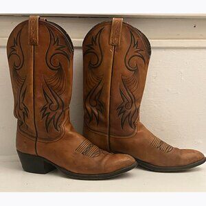 Mens VTG Dan Post Cowboy Boots Size 10D Rustic Worked in Tan / Black Stitch